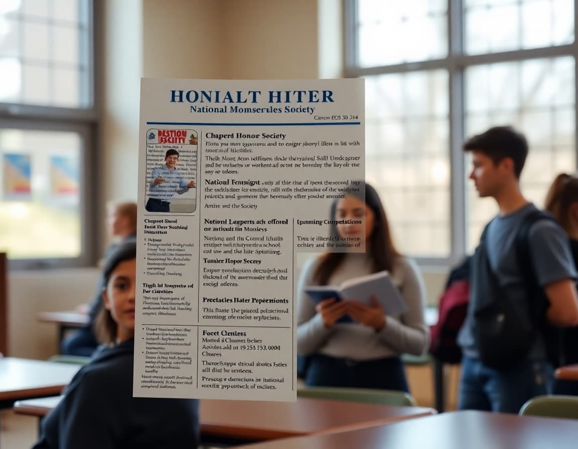 High school National Honor Society newsletter showing chapter activities, upcoming competitions, and membership requirements