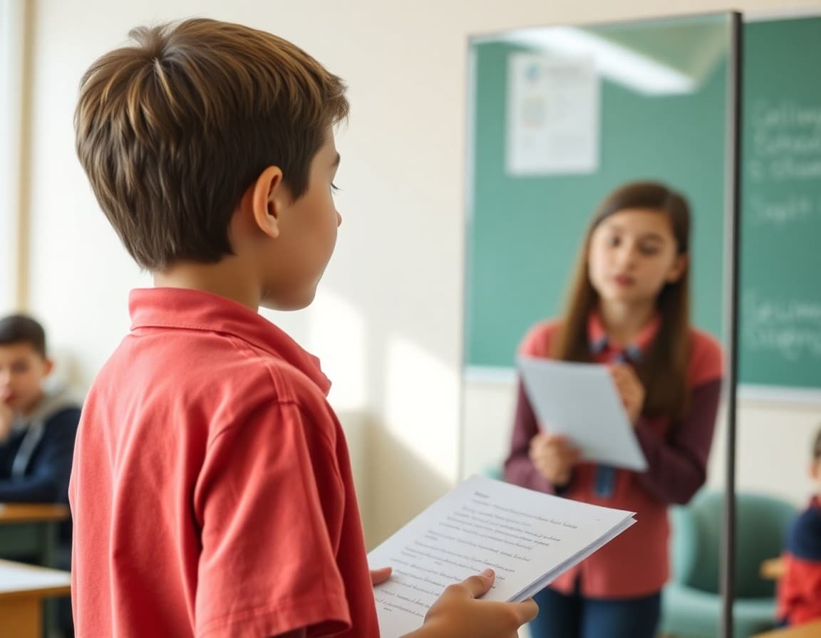 Student practicing a speech in front of a mirror with note cards
