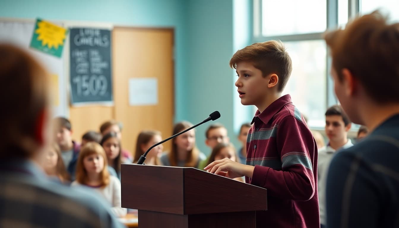 High school student delivering a speech at a podium in front of classmates