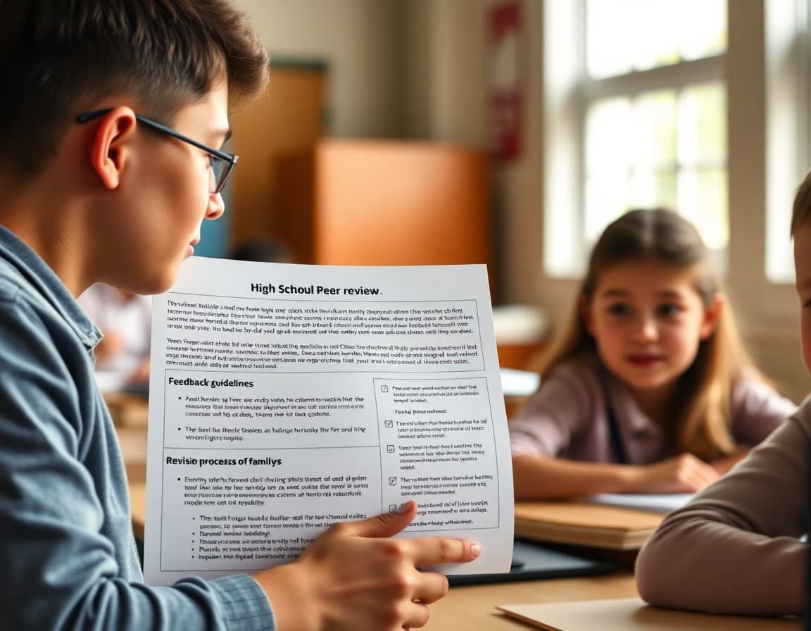 High school peer review newsletter showing feedback guidelines and revision process for families