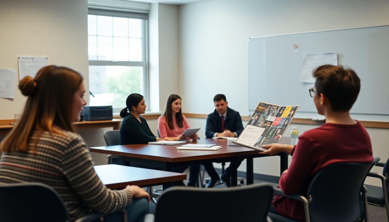 High school senior presenting a curated portfolio of work to faculty evaluators in a conference room