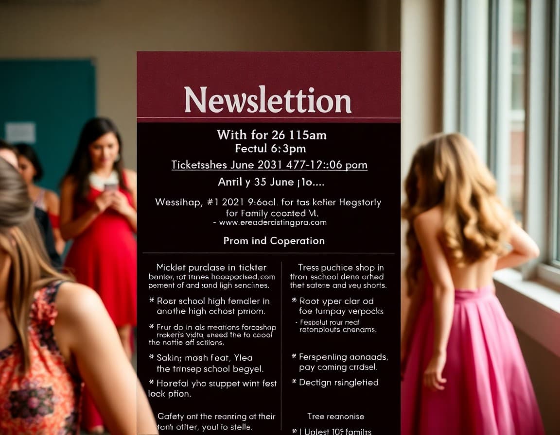 High school prom newsletter showing ticket purchase deadline, dress code guidelines, and safety reminders for families