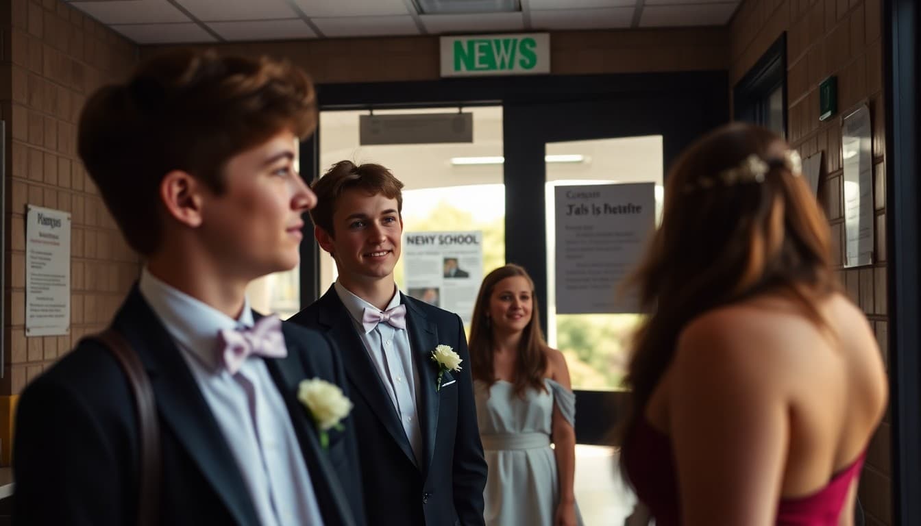 High school students in formal attire arriving at prom venue with school newsletter visible in background