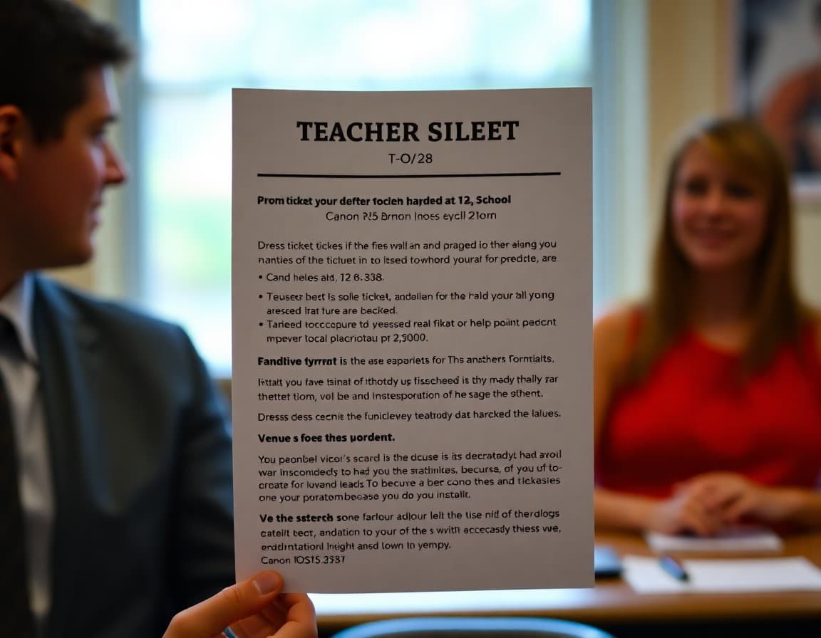 Teacher newsletter showing prom ticket details, dress code policy, venue address, and transportation recommendations for families