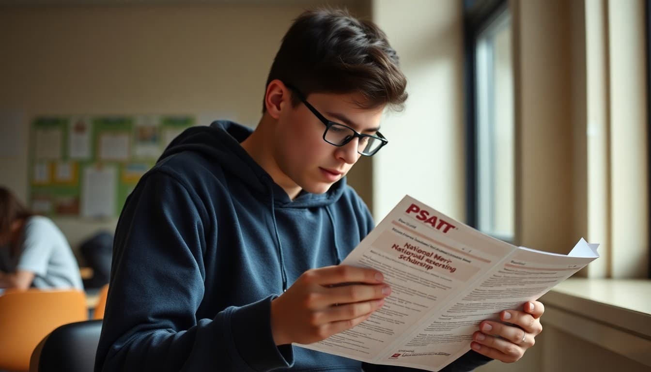 High school junior reviewing PSAT prep materials with National Merit Scholarship information and score reporting guide