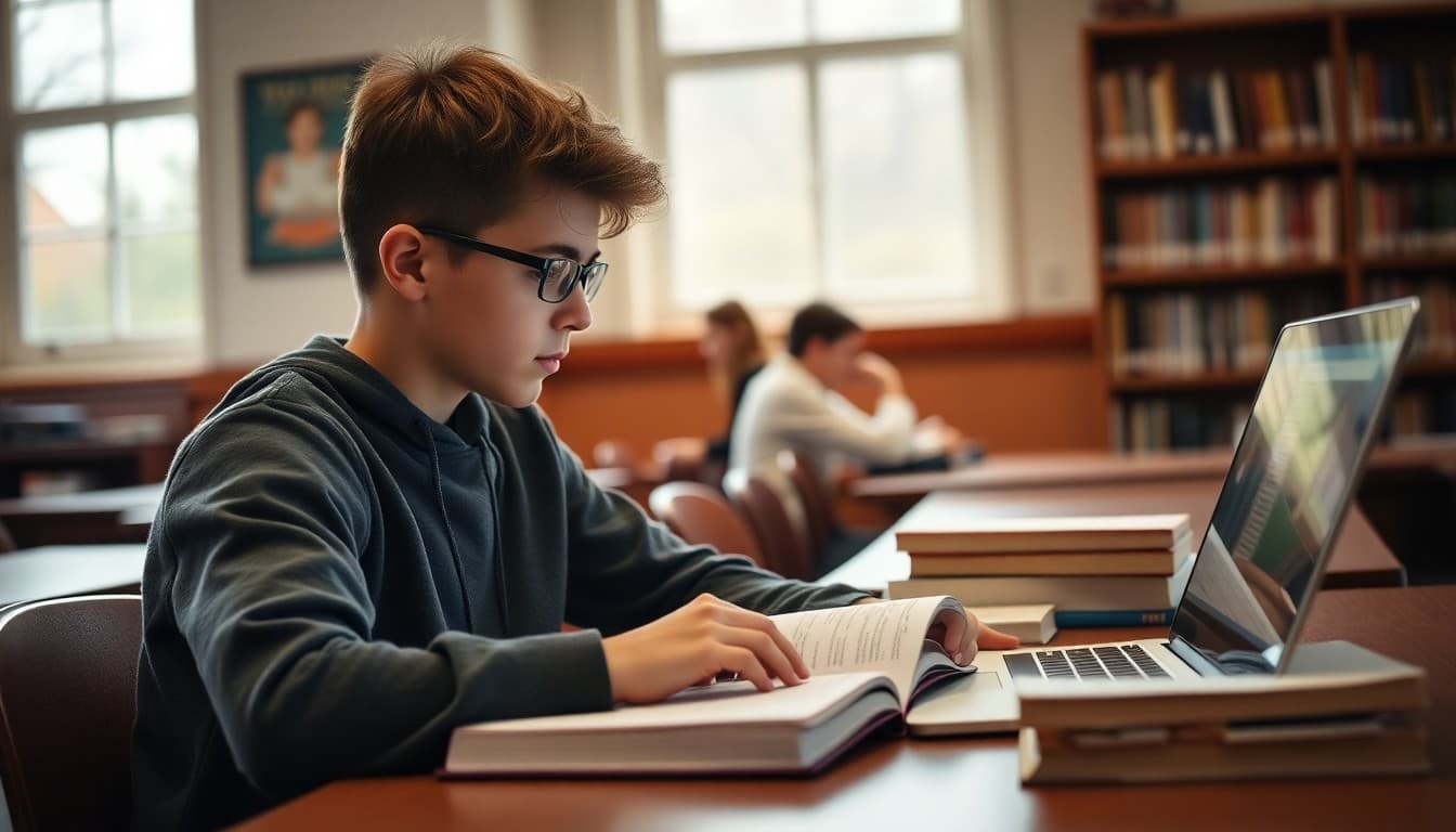 High school student working on research paper with library books and laptop open to database
