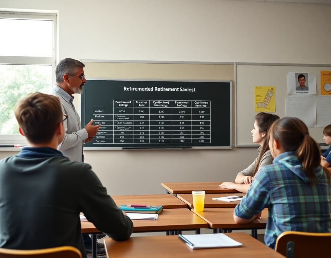 Personal finance teacher presenting a retirement savings comparison chart to high school students