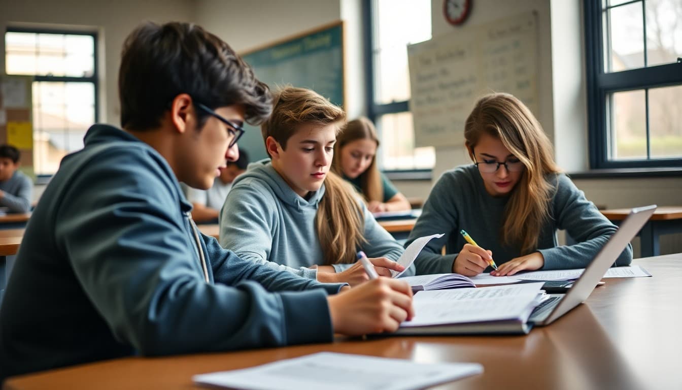High school students calculating compound interest on retirement scenarios in a personal finance class