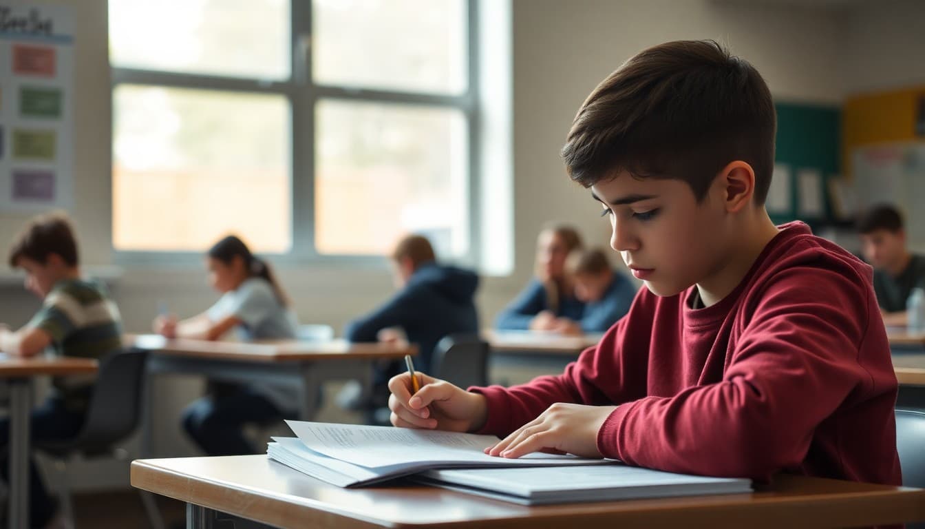 High school student studying SAT prep materials at desk with parent newsletter about testing visible nearby