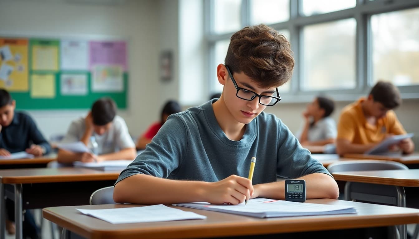 High school student taking practice SAT test with timer and official prep materials at desk