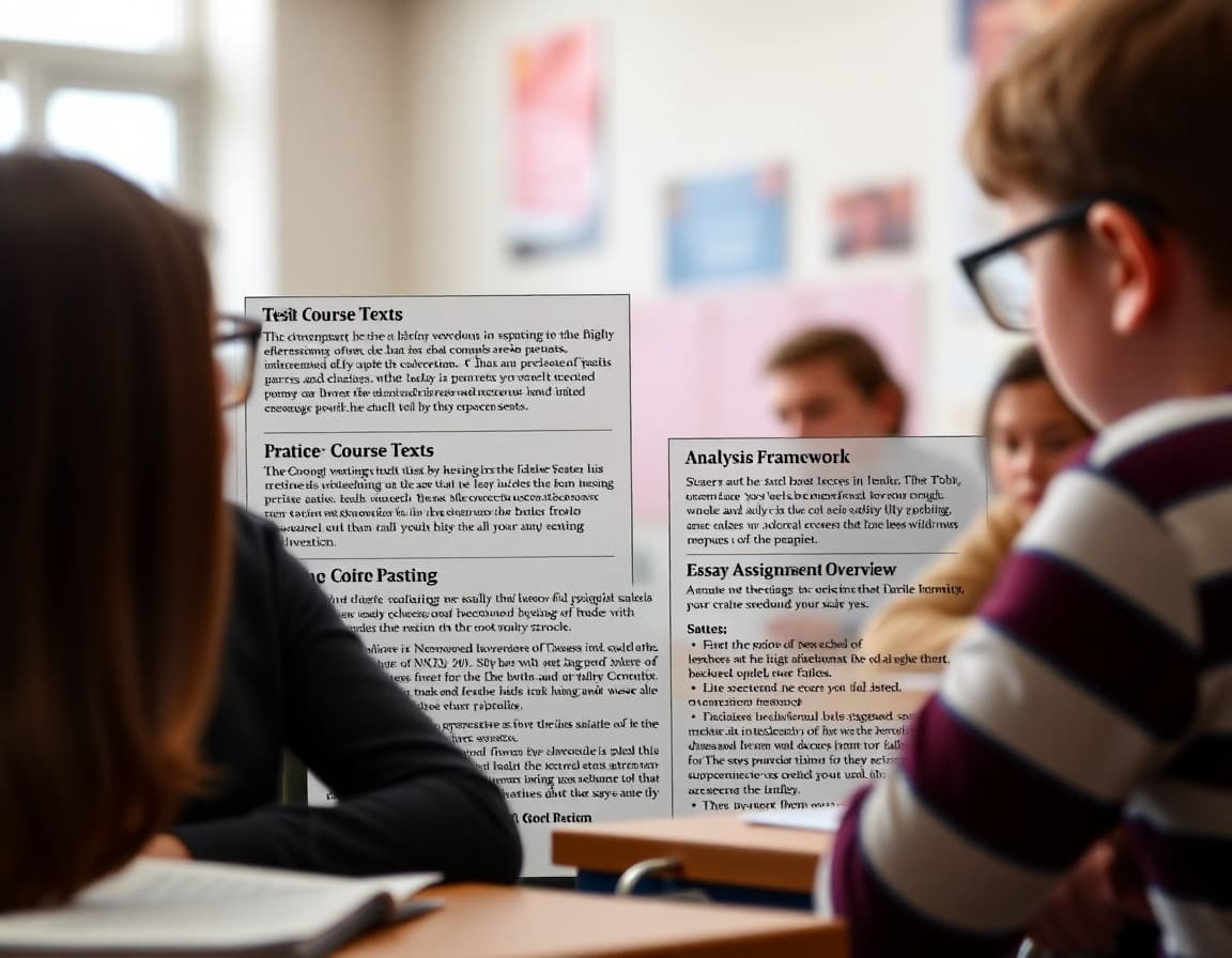 High school satire unit newsletter showing course texts, analysis framework, and essay assignment overview