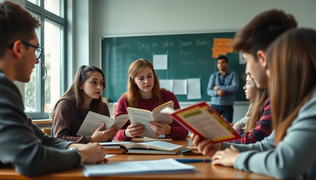High school students discussing satirical texts in a literature classroom with teacher at board