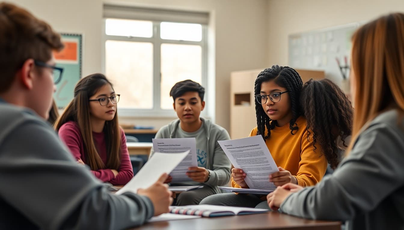 High school students in scholarship application workshop with counselor reviewing scholarship database and essay requirements