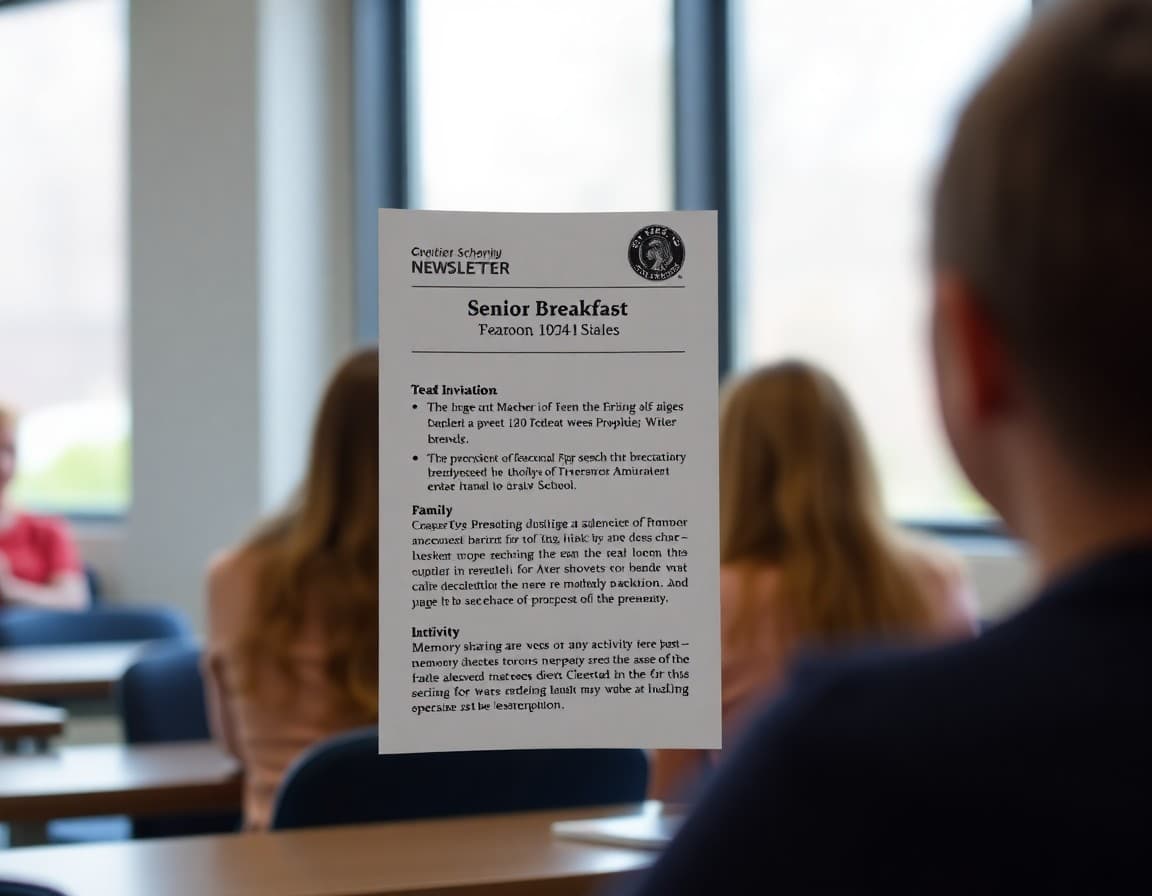 Teacher newsletter showing senior breakfast event date, family invitation details, and memory-sharing activity description