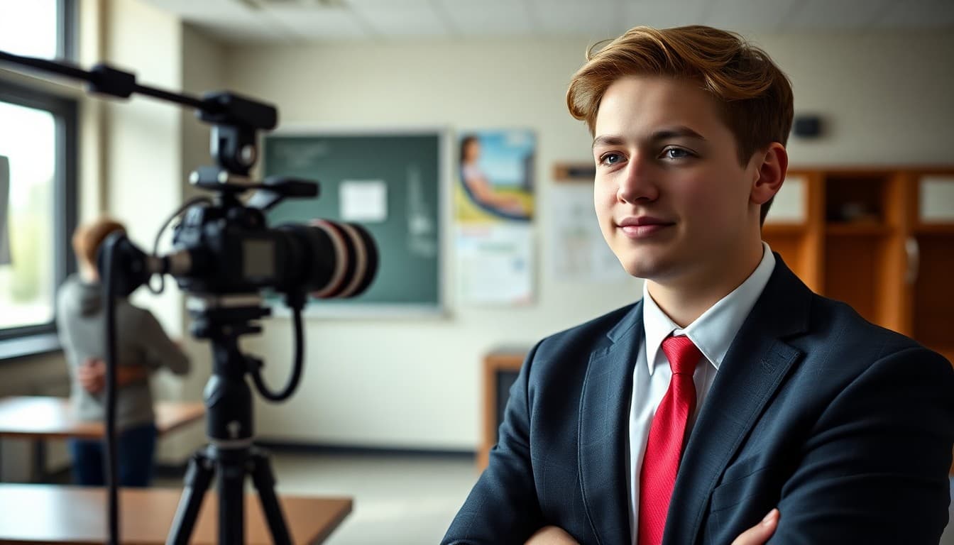 High school senior in formal attire posing for professional portrait session with photographer at school studio