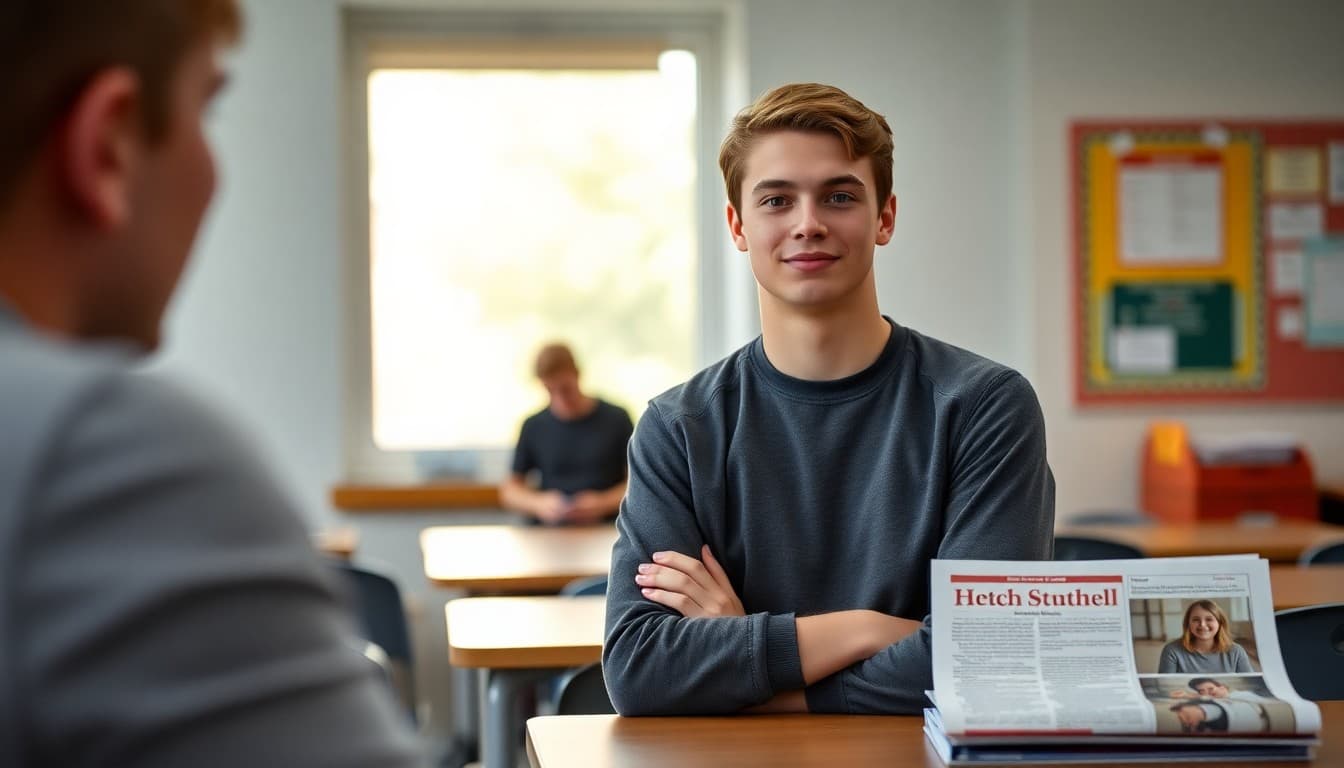 High school senior posing for official school portrait with school newsletter visible on desk nearby