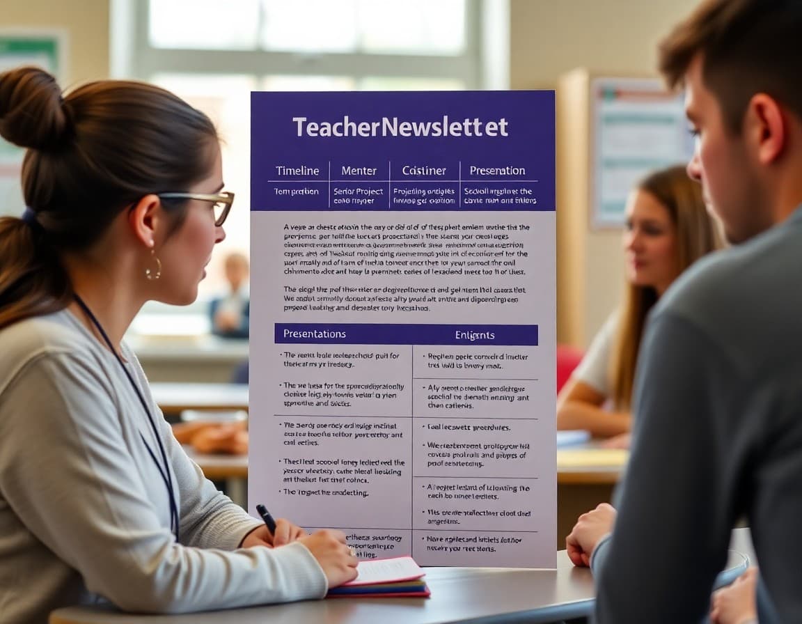 Teacher newsletter showing senior project timeline, mentor guidelines, and presentation evaluation criteria