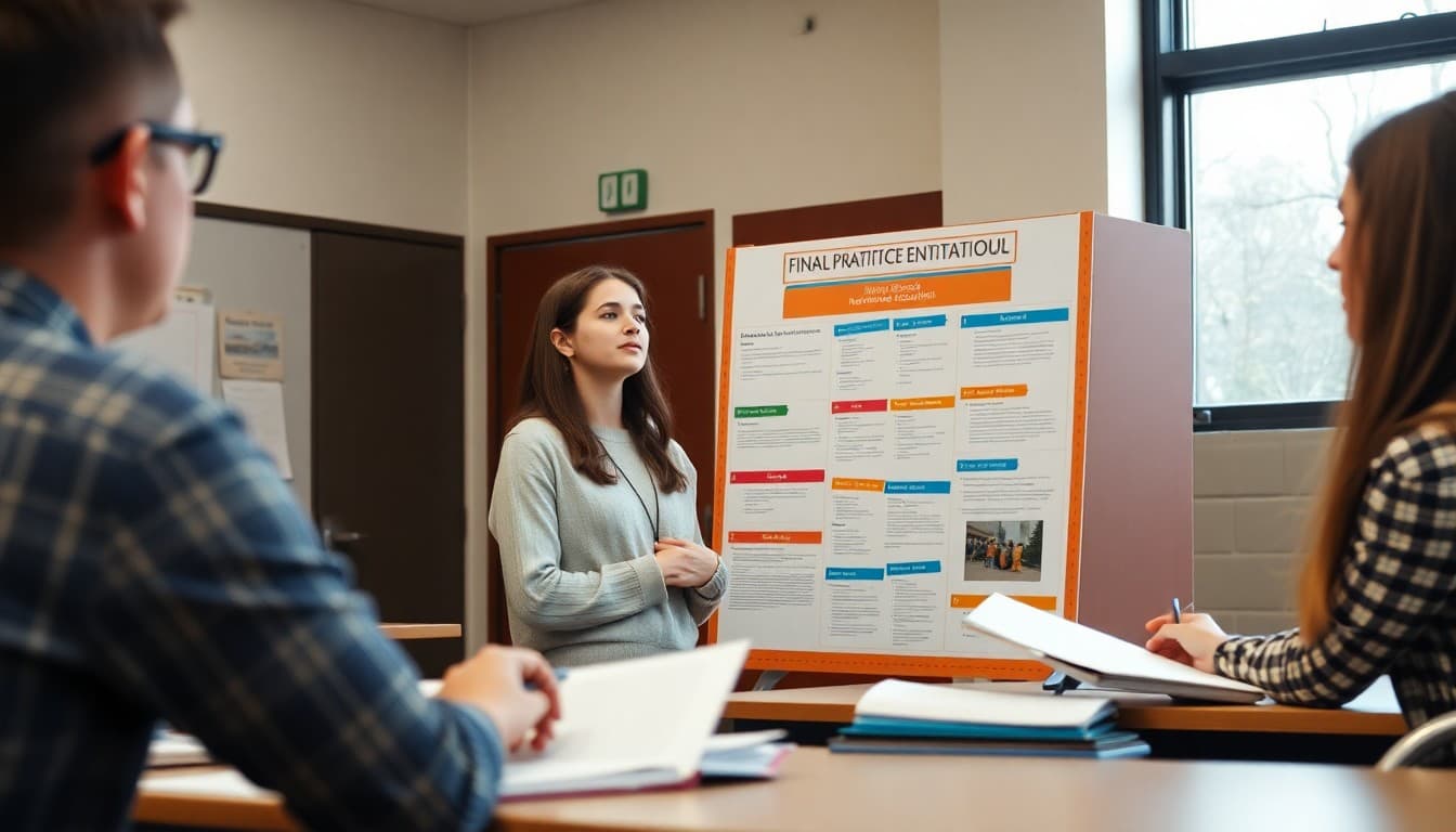 High school senior presenting final project to evaluation panel with display board and written portfolio visible
