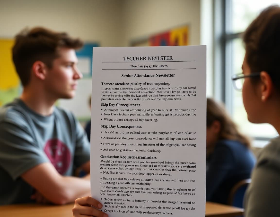 Teacher newsletter showing senior attendance policy, skip day academic consequences, and graduation requirement reminders