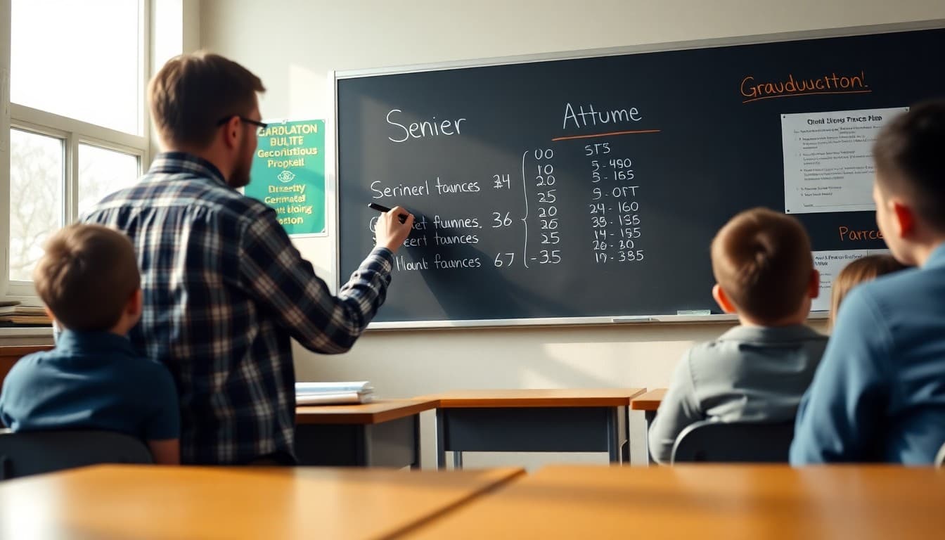 High school teacher writing senior year attendance information on board with graduation countdown visible in classroom