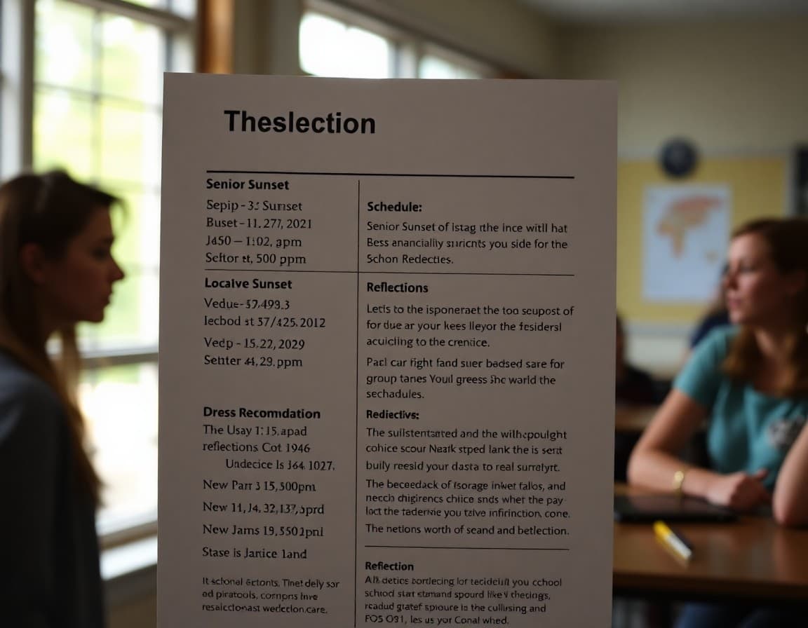 Teacher newsletter showing senior sunset event location, schedule, dress recommendations, and reflection activity description
