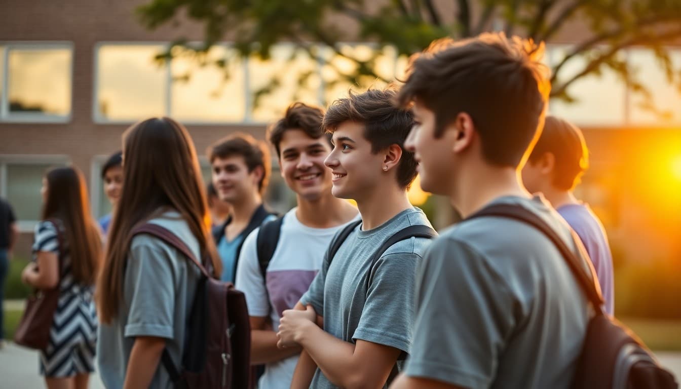 High school seniors gathered at outdoor campus location for sunset celebration in final week of school