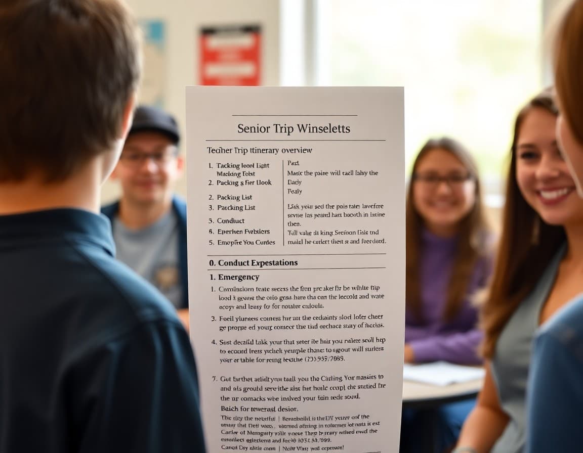 Teacher newsletter showing senior trip itinerary overview, packing list, conduct expectations, and emergency contact information