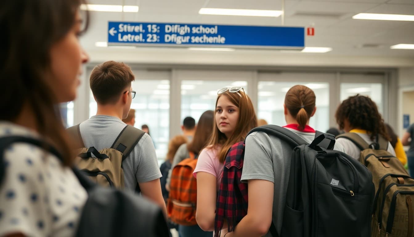 High school seniors with backpacks and teachers at airport departure gate for senior class trip