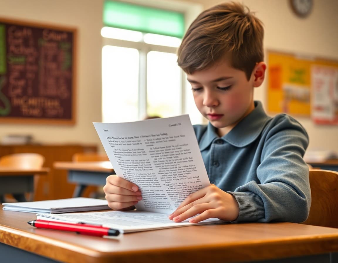 Student reading a printed short story at a desk with a red pen nearby