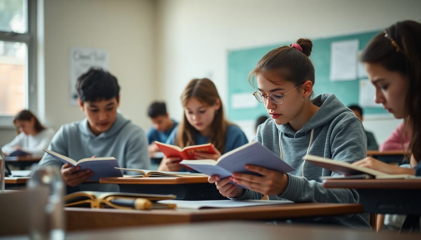 High school students writing short stories in a classroom creative writing session