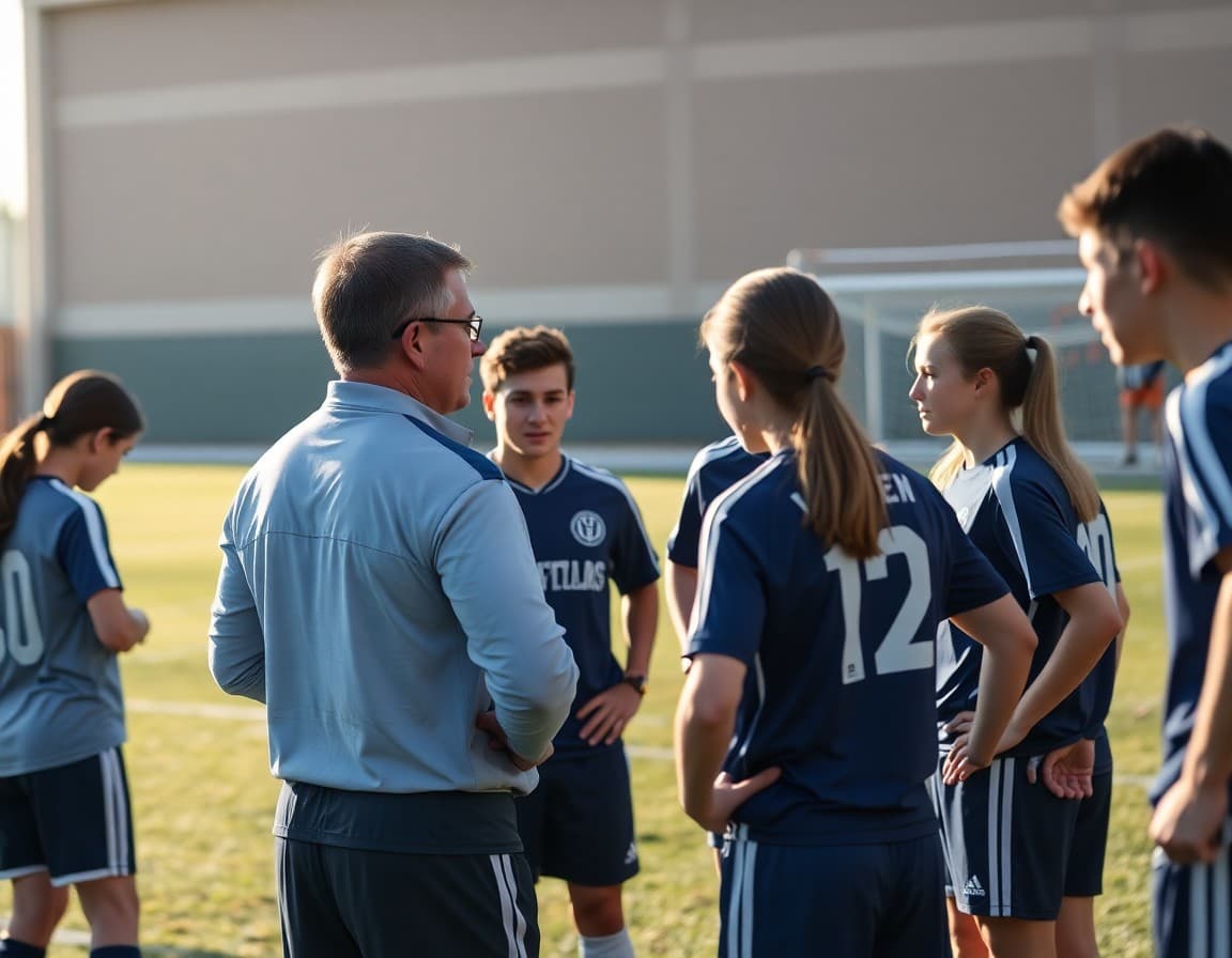 Soccer coach talking to players in a huddle on the sideline before a high school game
