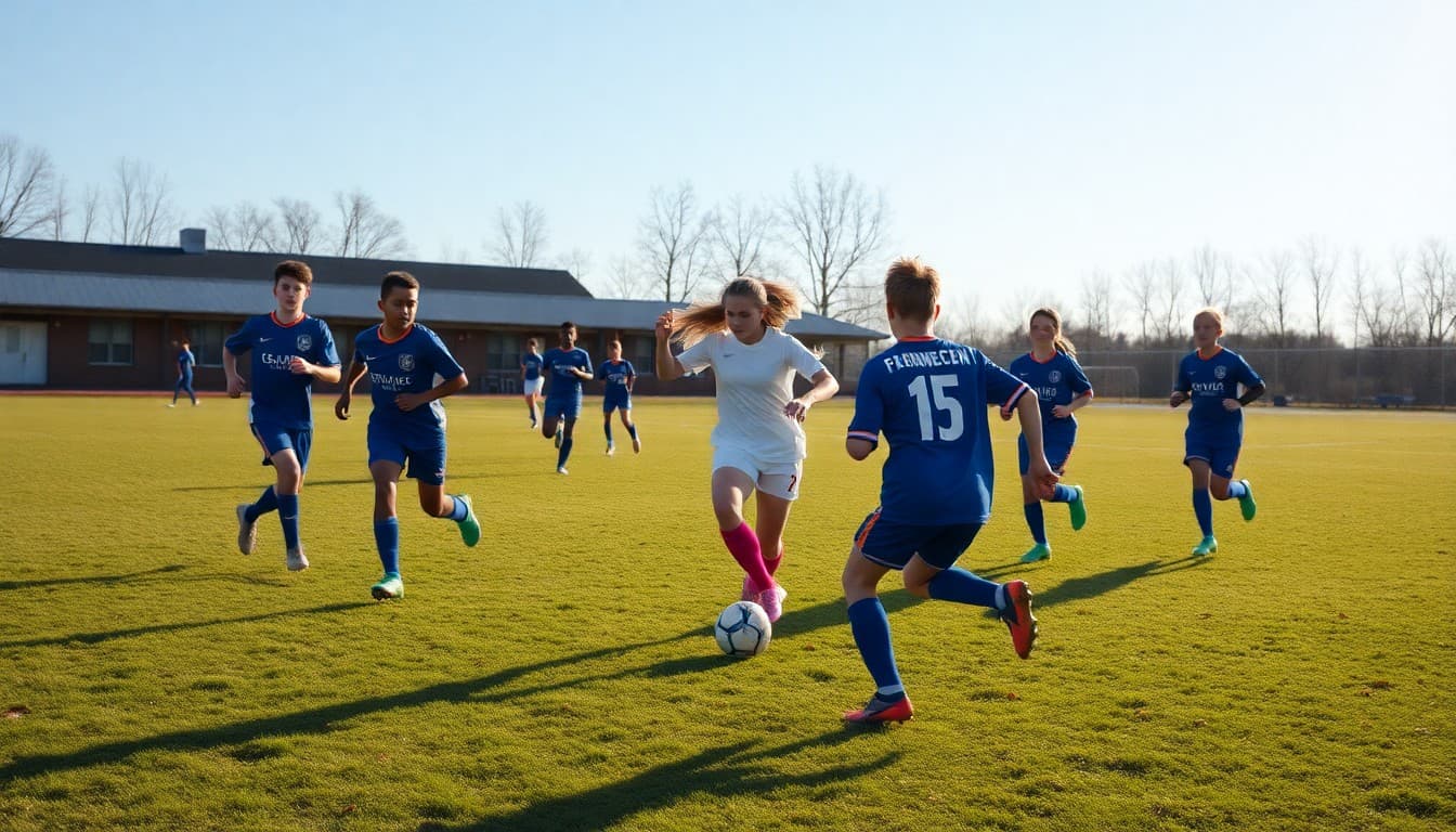 High school soccer players competing on a grass field during a fall season game