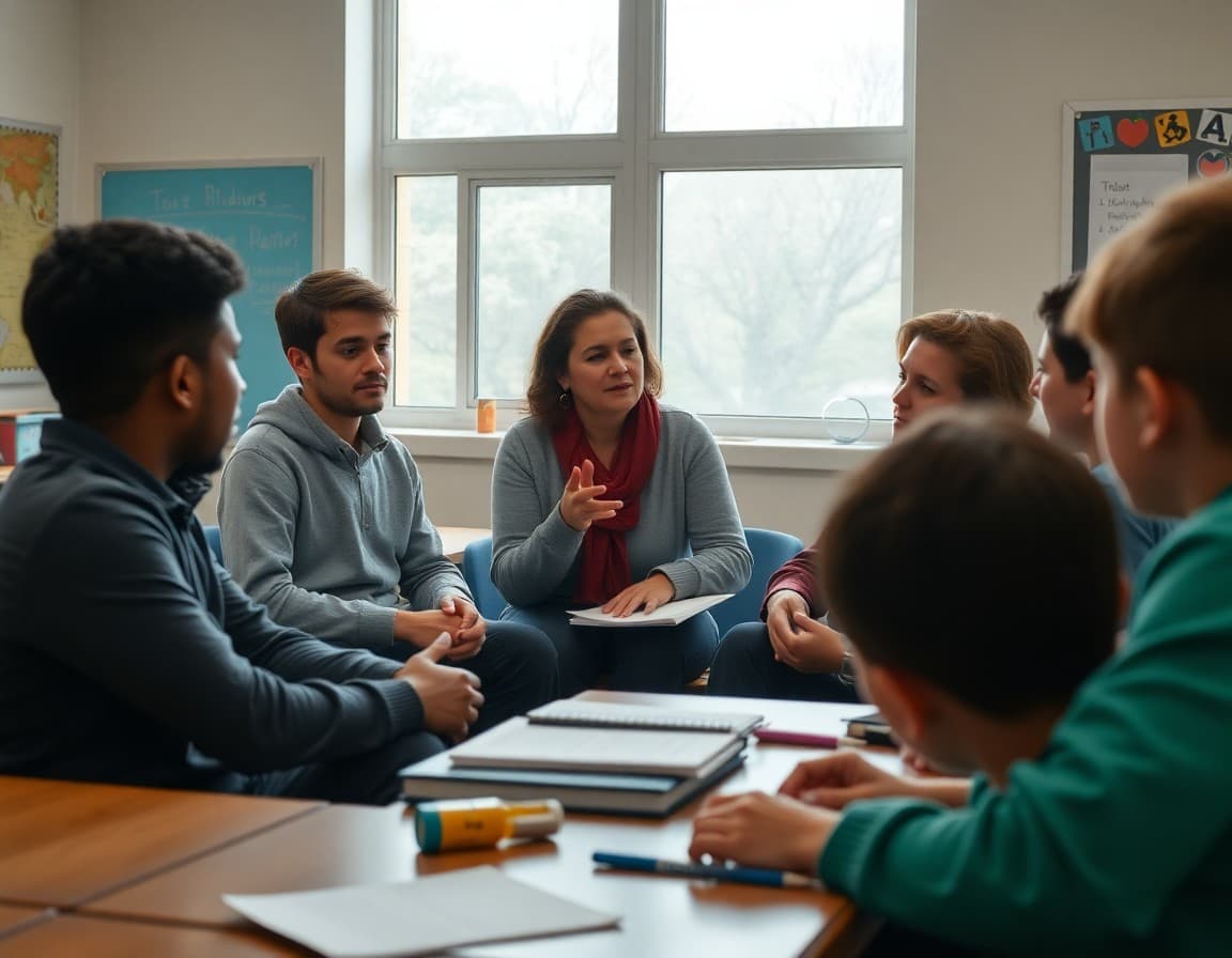 Teacher facilitating a structured student discussion about historical and current social issues