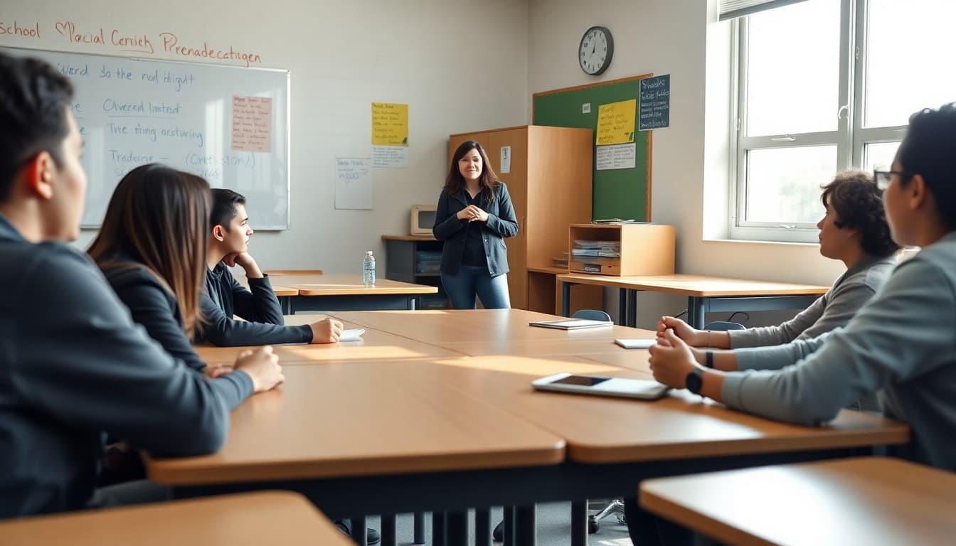 High school teacher leading a social media awareness discussion with students around classroom tables