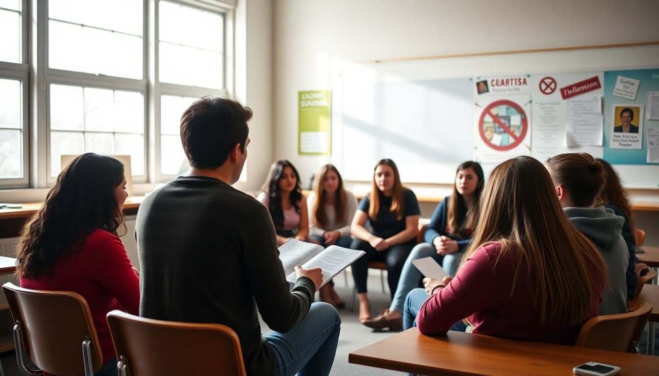 High school teacher facilitating Socratic seminar with students in circle discussing a text