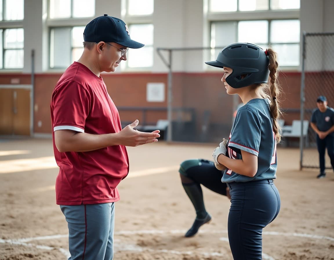 Softball coach reviewing batting stance with a student athlete at home plate