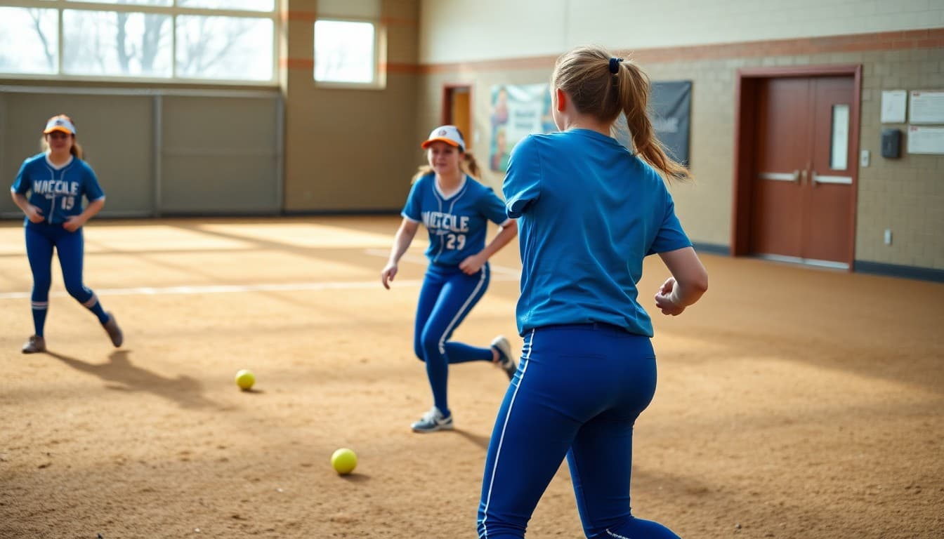 High school softball players in blue uniforms fielding ground balls during spring practice