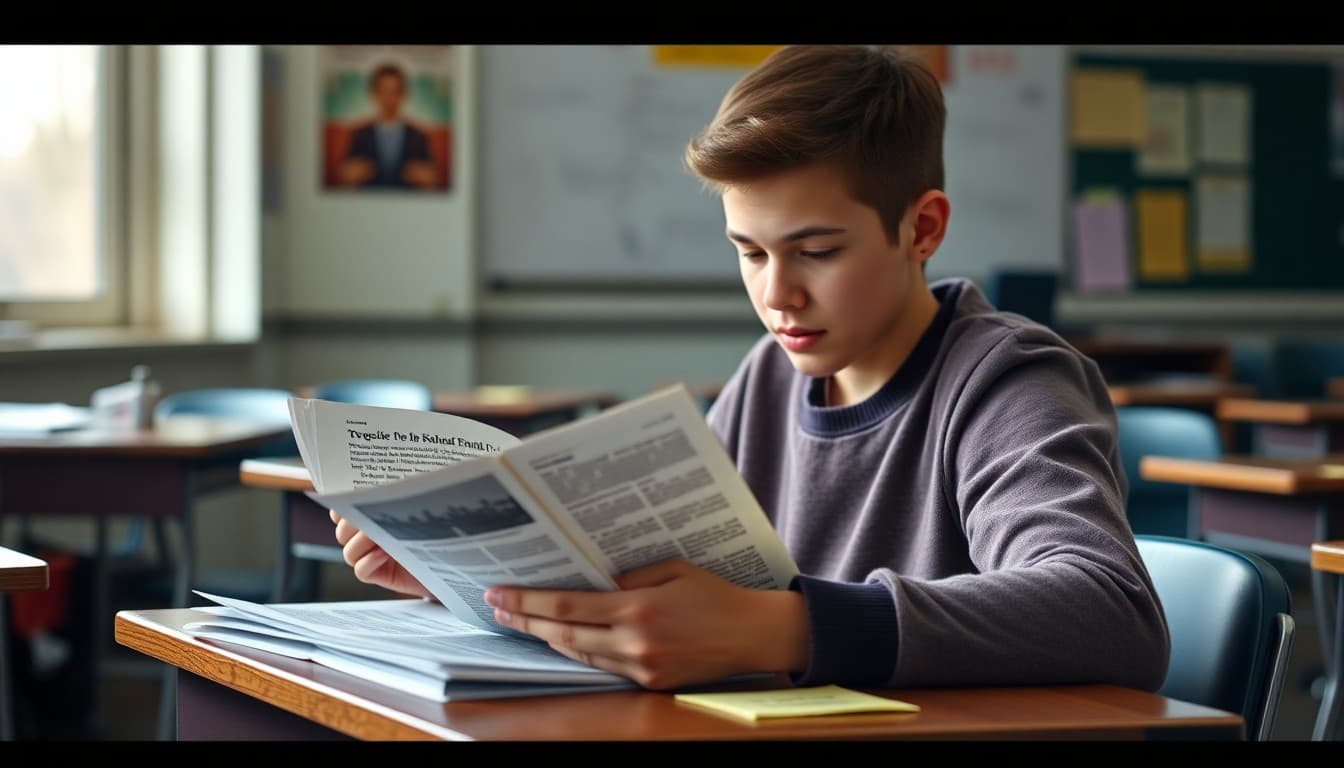 High school student reading historic speech text with teacher newsletter and sticky notes on desk
