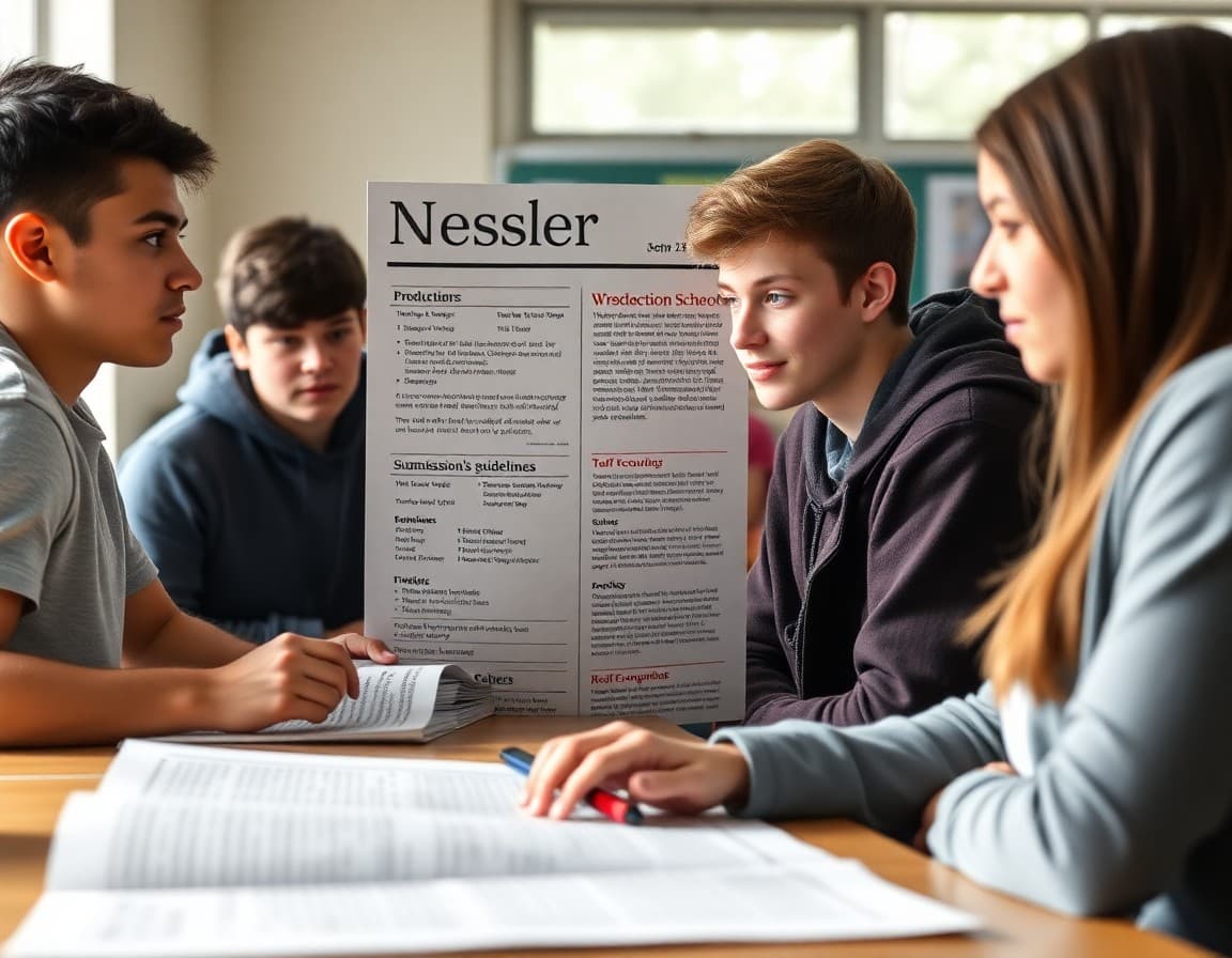 High school student newspaper newsletter showing production schedule, submission guidelines, and staff recognition