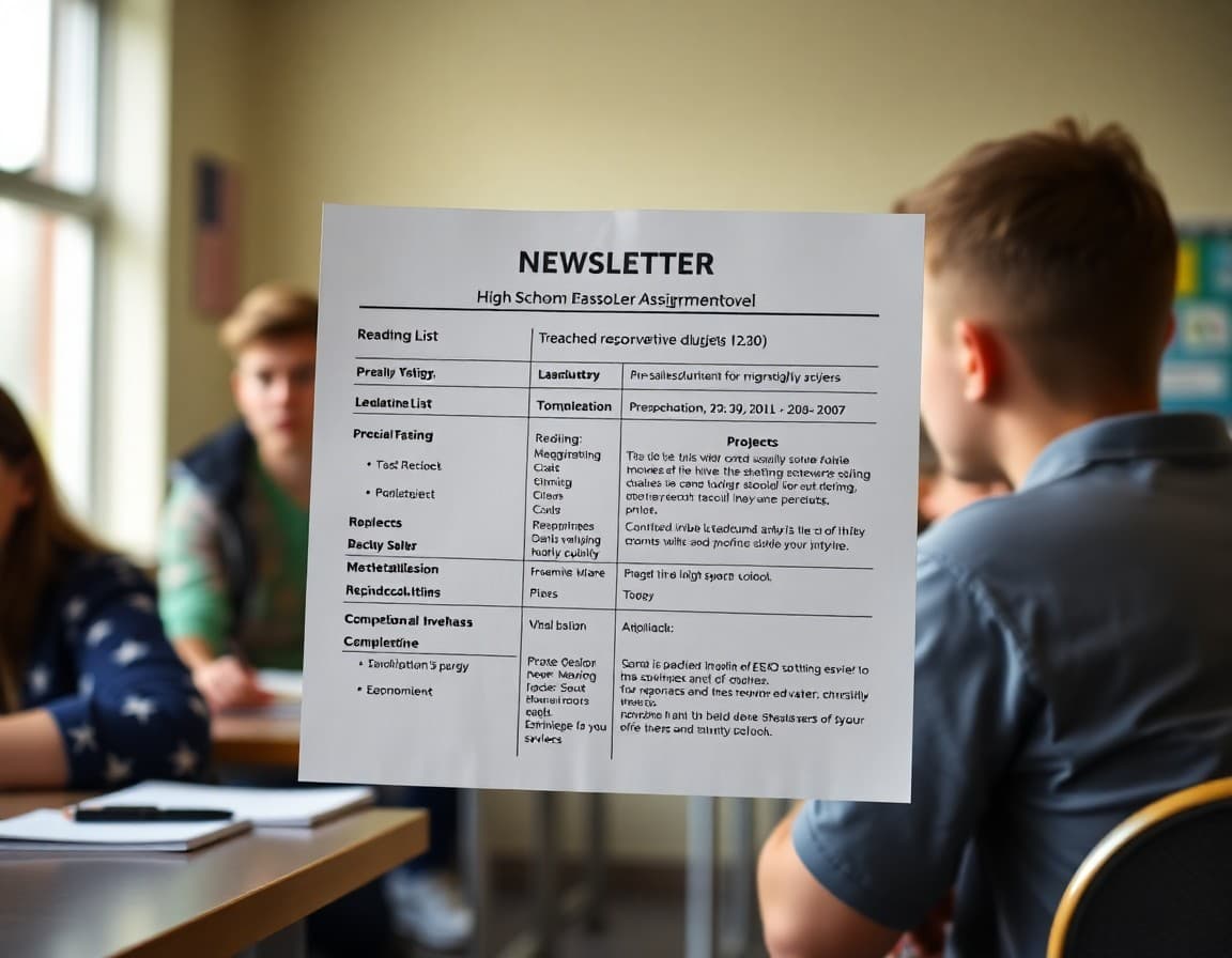 High school summer assignment newsletter showing reading list, project requirements, and completion timeline