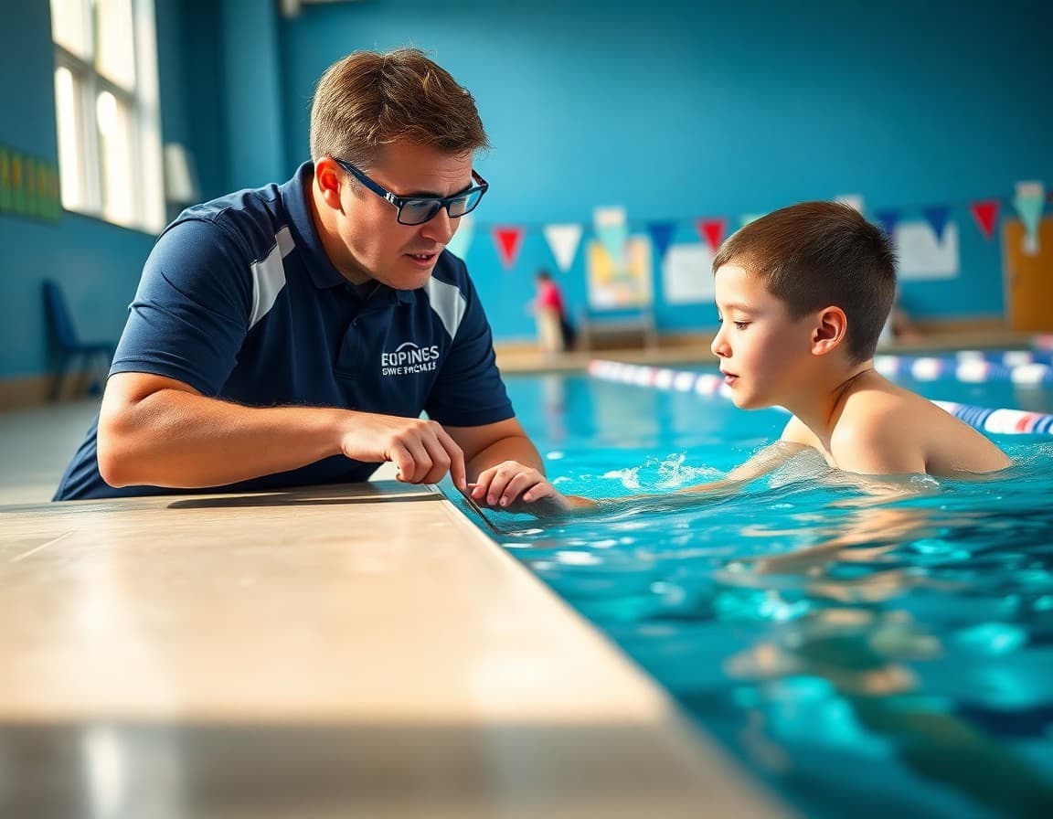 Swim coach reviewing stroke technique with a high school student at poolside