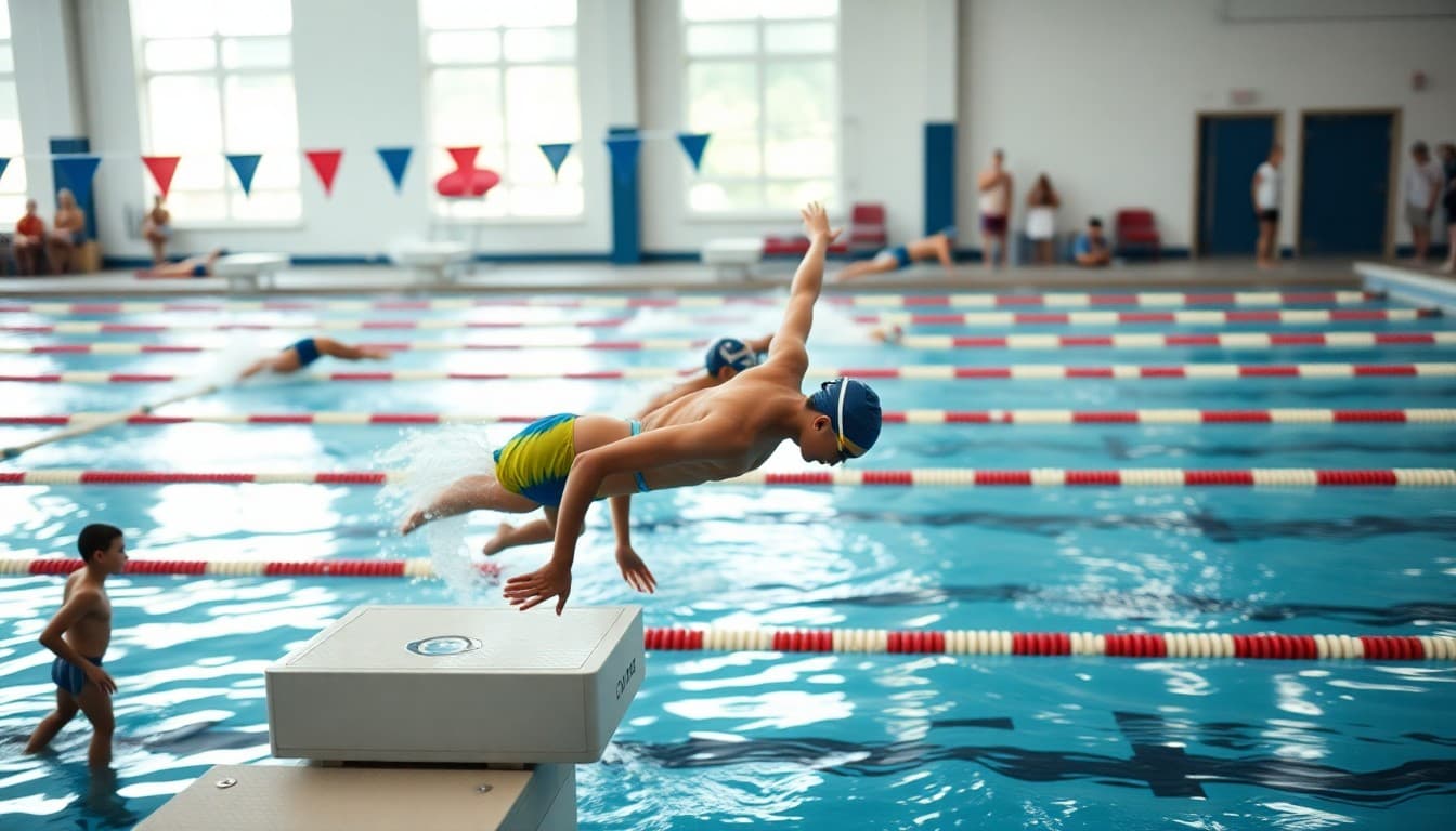 High school swimmers diving off starting blocks at an indoor pool competition