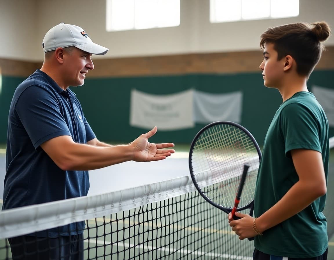 Tennis coach giving feedback to a student athlete during a practice session at the net
