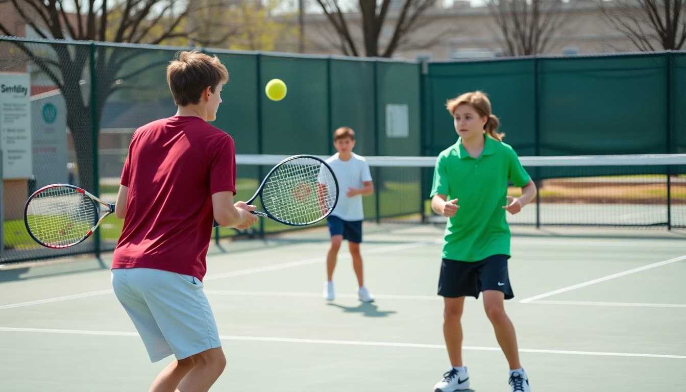 High school tennis players competing on an outdoor hard court during a spring match