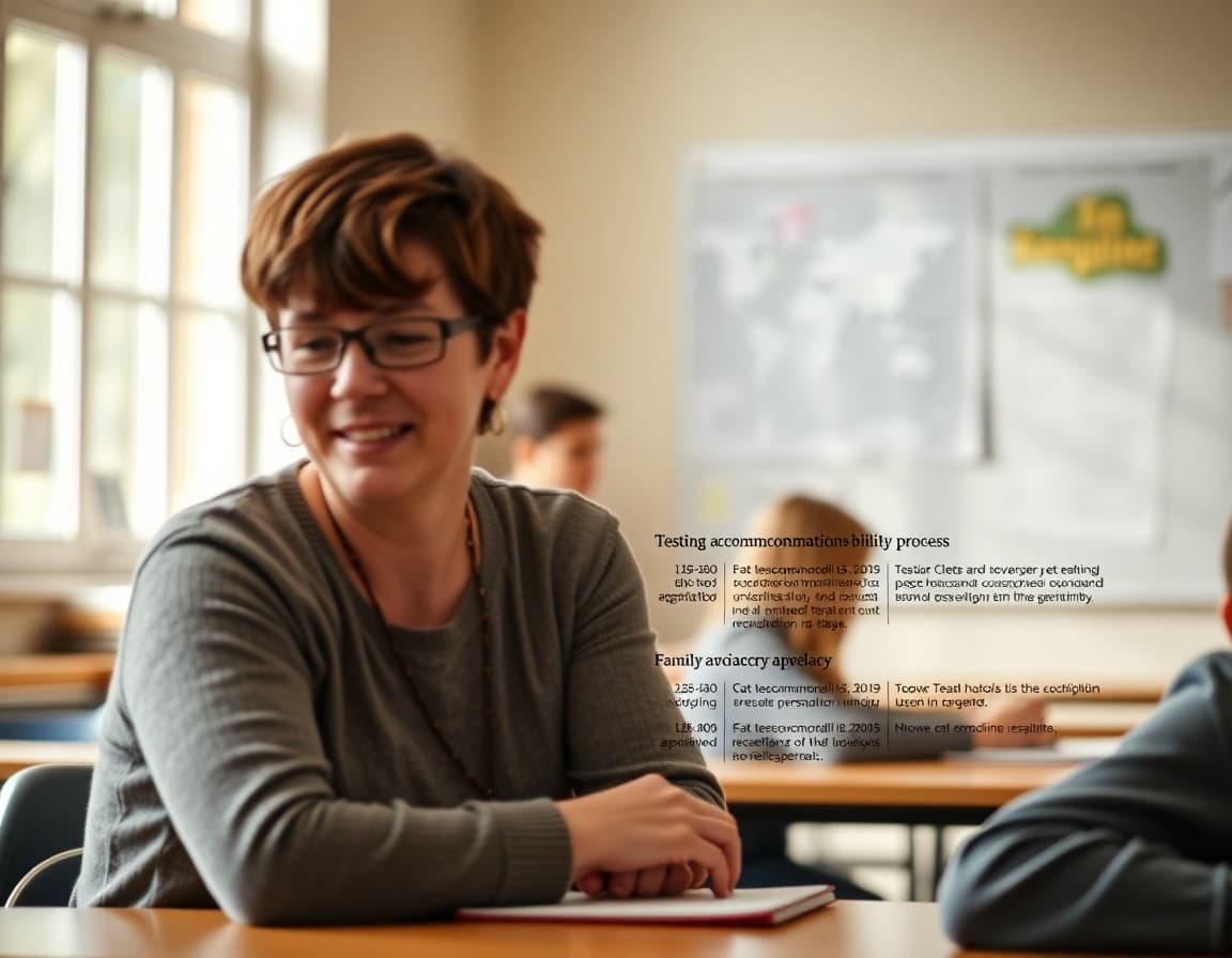 Teacher newsletter showing testing accommodation eligibility process, College Board approval timeline, and family advocacy steps