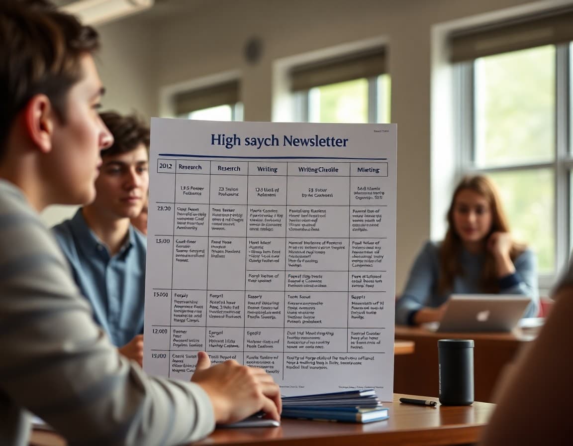 High school thesis writing newsletter showing research timeline and writing milestone schedule