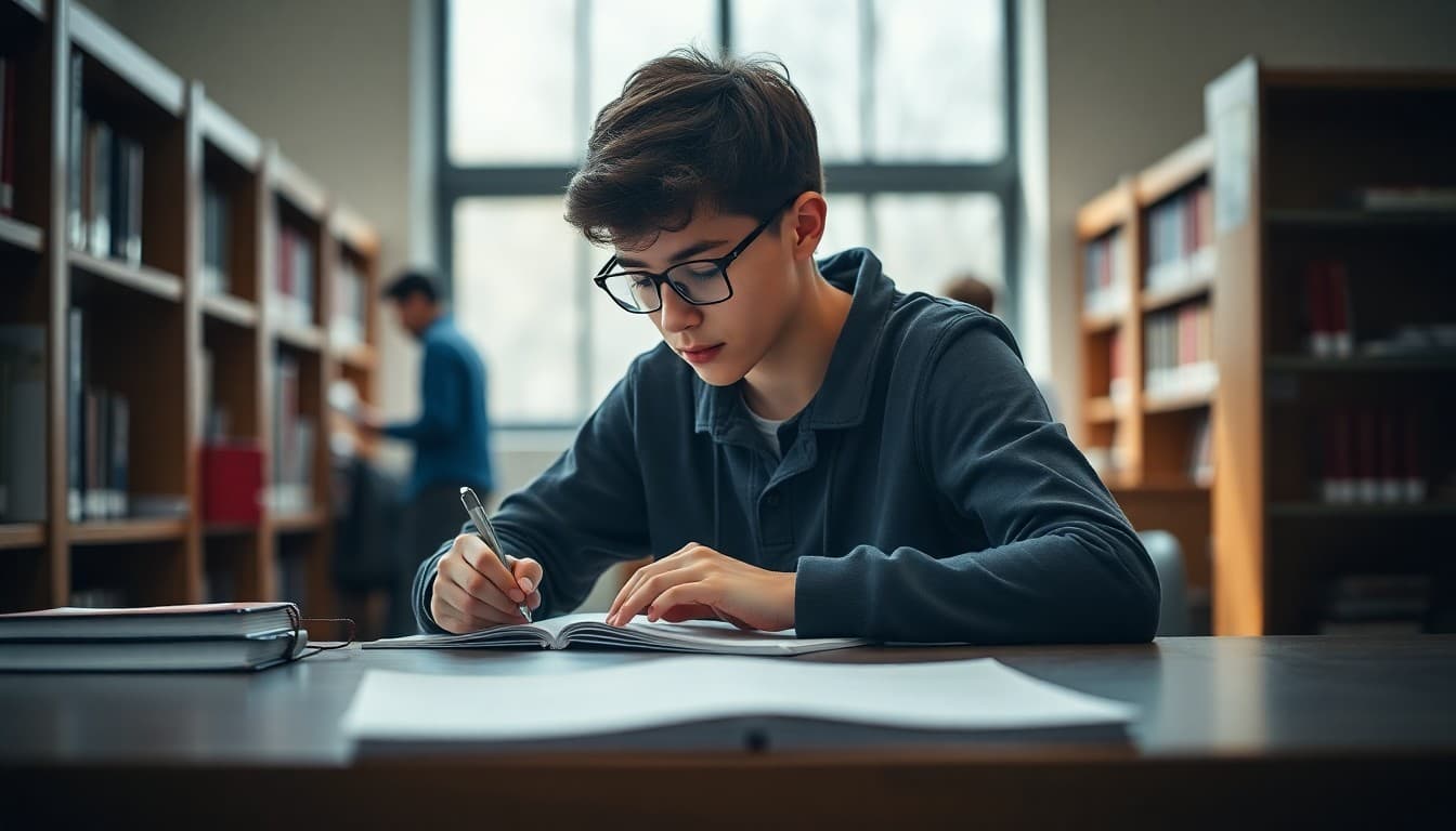 High school student working on thesis research at library with teacher newsletter visible on desk