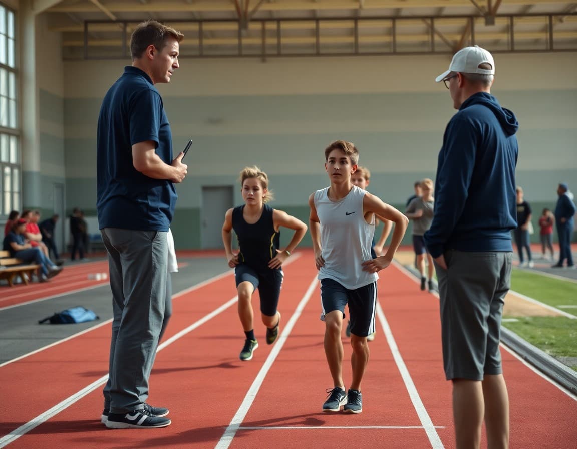 Track coach timing sprinters at the finish line during high school practice