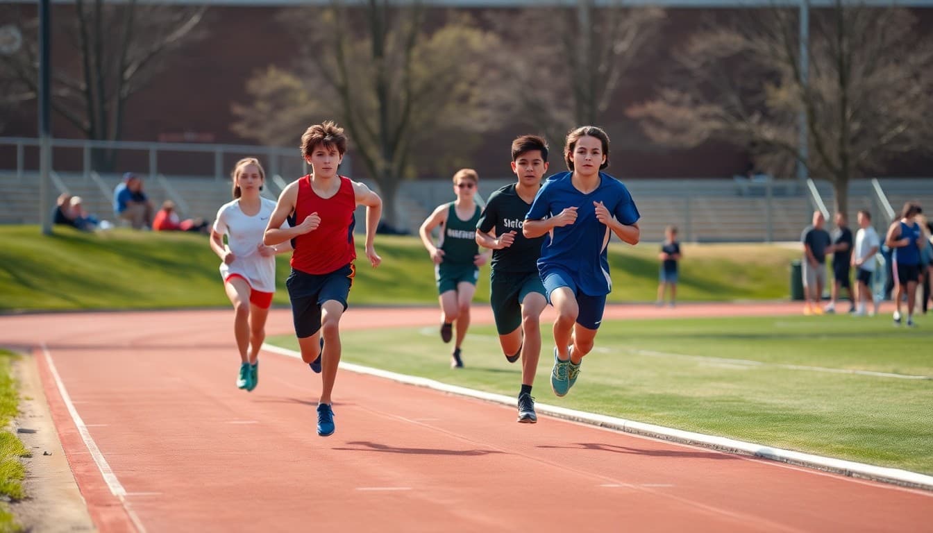 High school track athletes racing on an outdoor oval track during a spring invitational