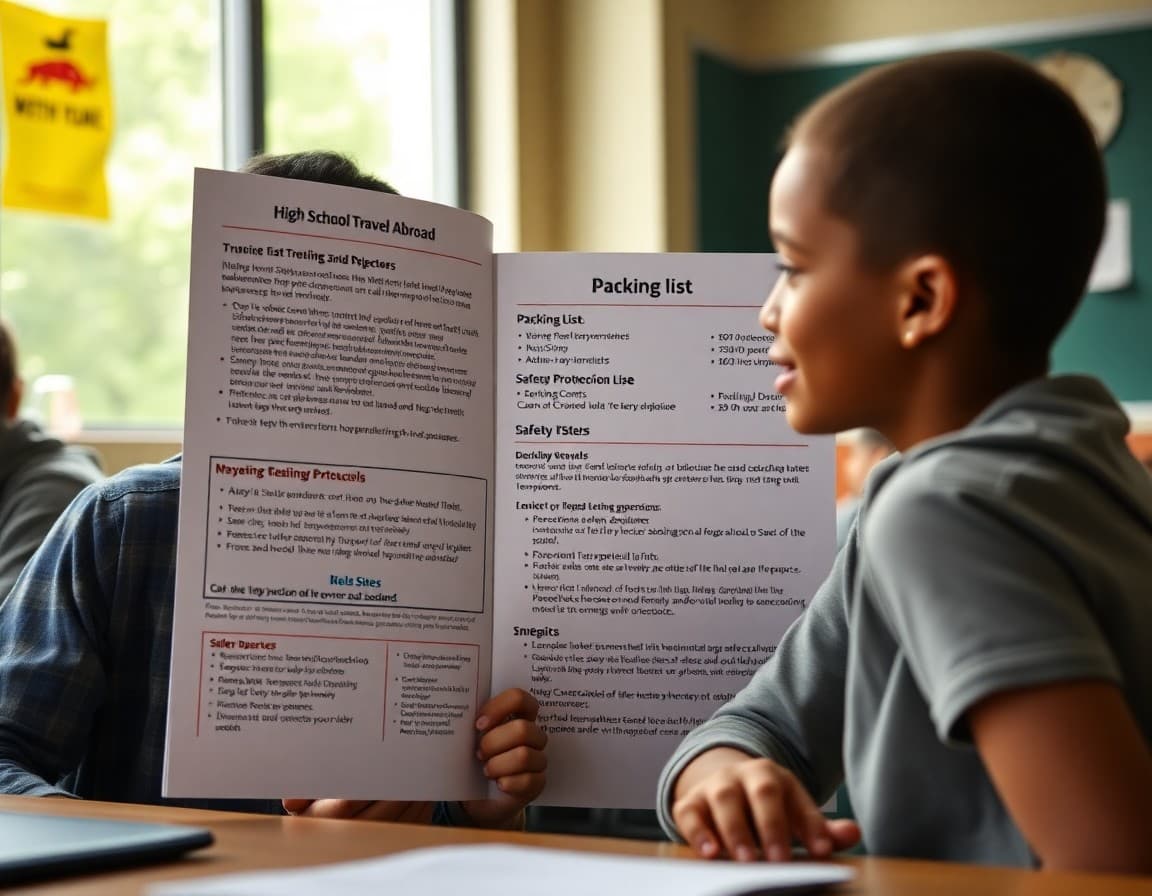 High school travel abroad newsletter showing trip itinerary, packing list, safety protocols, and educational objectives